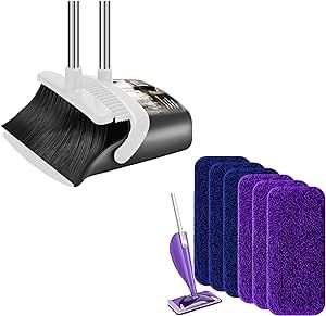 Aifacay Broom with Dustpan Combo Set, Reusable Mop Refill Pads Compatible with Swiffer Wet Jet, 6 Pack Microfiber Wet Dry Use Replacement Heads for Swiffer WetJet 11" Mop Types of Floor Cleaning